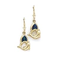 14k Yellow Gold Simulated Opal Dolphin Leverback Earrings Jewelry for Women
