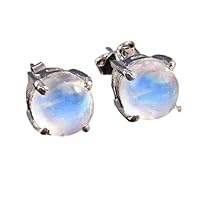 925 Sterling Silver Natural Round Rainbow Moonstone Delicate Stud Earring Gift Jewelry