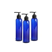 Empty Lotion Dispensing Bottles, Cobalt Blue PET Plastic 8 Oz w/Black Lotion Pump (BPA Free) Cosmo Great for Sanitizer - (Set of 3) 240ml Empty Cosmetic Containers