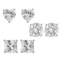 DECADENCE Sterling Silver Rhodium 6mm Solitaire Round, Square and Heart Stud Set