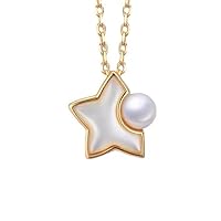 Genuine Pearl Pendant Necklace for Girls & Women 925 Sterling Silver Plated 14K Gold Necklace (Gold Star Type)