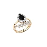 Unique Black Onyx 1.00 CT Engagement Ring Set For Women 14k Yellow Gold Black Onyx Wedding Ring Set Pear Cut Black Onyx Bridal Anniversary Ring Set