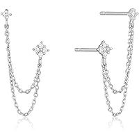 Dangling Earrings,4 Prong CZ Round Stud With Chain Cuff S925 Sterling Silver Earrings for Women Girls Cartilage Double Piercing Holes Minimalist Climber Crawler Hypoallergenic