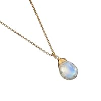 Sterling Silver Gold Plated Genuine Pear Rainbow Moonstone Gemstone Pendant With Chain