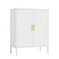Metal Storage Cabinet with Doors and Adjustable Shelves, Freestanding Sideboard Buffet Cabinets, Utility Cabinet Accent Cabinet for Living Room, Kitchen, Office, Entryway White