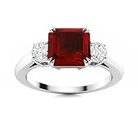 GLOW SPECTRA JEWELS 1.28 Cttw Asscher Shape Simulated Red Ruby & White Cubic Zirconia Wedding Engagement Three Stone Ring In 14K White Gold Plated 925 Sterling Silver