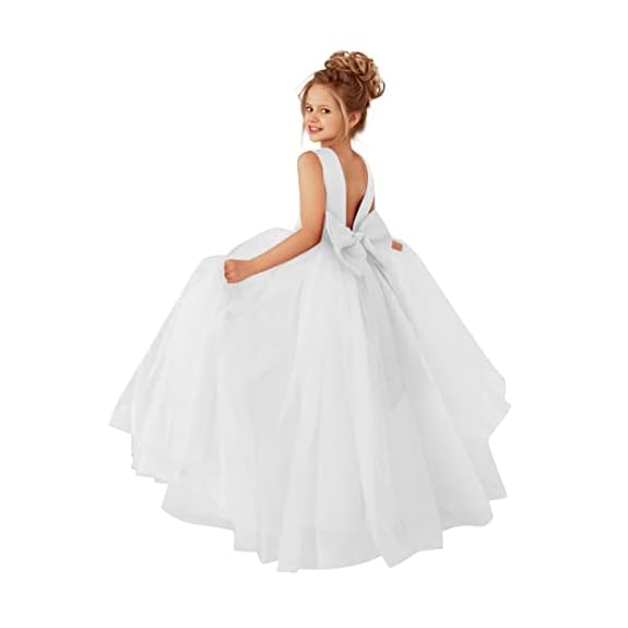 MCieloLuna Flower Girls Satin Tulle Princess Pageant Dress for Wedding Kids  Pearls Prom Ball Gowns with Bow-Knot
