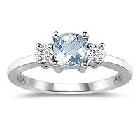 0.10 Cts Diamond & 0.55 Cts Aquamarine Classic Three Stone Ring in 14K White Gold