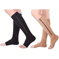2 Pair 15-20 mmHg Zip Compression Socks Medical Toeless with Zipper Easy to on off put for Edem, Varicose Veins, Sore