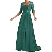 Chiffon Mother of The Bride Dresses with Sleeve Lace Applique A-Line Long Formal Evening Dress for Wedding Guest