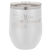 Personalized Tumbler 12 ounce Stemless Wine with Lid, Your Logo Engraved in USA Customized Cups, Stainless Steel Vacuum Insulated Coffee Mugs, 16 Colors Available (White)