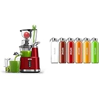 SiFENE Extra Large Dual Mouth Whole Slow Juicer Red and 6PCS Glass Bottle Bundle