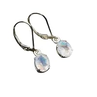 925 Sterling Silver Oval Rainbow Moonstone Gemstone Earring Gift Jewelry Lever Back Clasp