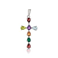 Cross Pendant - 925 Sterling Silver with 7 Natural Pear Cut Gemstones - Halmarked 925 - Certificate of Authenticity Included
