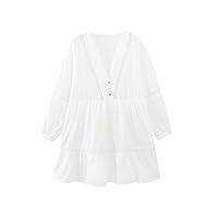 Women Lace Crochet Patchwork White Mini Shirt Dress Office Lady Chic Long Sleeve Appliques Vestidos