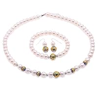Jewelry Set Pretty 7.5-8mm White Pearl Necklace Bracelet & Earrings With Cloisonne