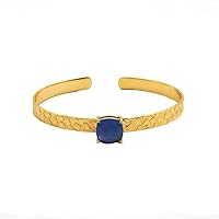 Dark Blue Topaz Gemstone Prong Set Bracelet | Handmade Cushion Shape Gold Plated Metal Bangle | Adjustable Bracelet Jewelry | Gift For Her | 1940 11
