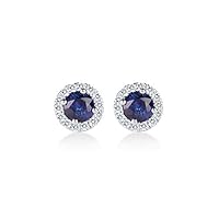 0.15 Ct Blue Sapphire Diamond Halo Stud Wedding Earrings 14K White Gold Over