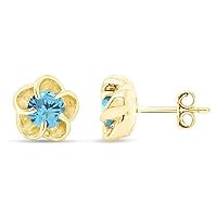 2.00Ct Round Cut Created Aquamarine Flower Stud Earrings 925 Sterling Silver 14k Yellow Gold Finish