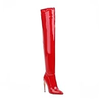 Ladies Overknee Boots Fashion Pointed Toe High Heel Elastics Patent PU Pure Color Red Size 5.5-13.5