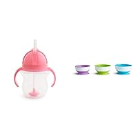 Munchkin® Any Angle™ Weighted Straw Trainer Cup with Click Lock™ Lid, 7 Ounce, Pink & ® Stay Put™ Suction Bowls for Babies and Toddlers, 3 Pack, Blue/Green/Purple
