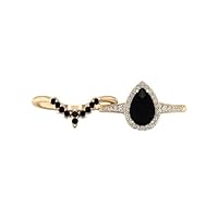 Teardrop 1.00 CT Black Onyx Engagement Ring Set Yellow Gold Unique Black Stone Silver Halo Wedding Ring for Woman Vintage Bridal Promise Ring for Her