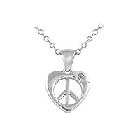 Girls Silver Diamond Heart Shape Peace Sign Pendant Necklace (14-16 inches)