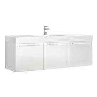 Fresca Vista 60 Inch White Wall Hung Modern Single Bathroom Vanity - Includes Integrated White Sink with 3 Cabinets - Faucet Not Included - FCB8093WH-I