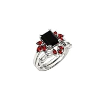 18k Gold Black Onyx Engagement Ring Set 4 CT Vintage Art Deco Black Onyx Cluster Wedding Ring Set For Women Red Garnet Gemstone Ring Set For Her