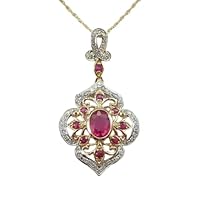 1.75 CT Oval Cut Red Ruby and Diamond Fancy Flower Pendant Necklace 14K Yellow Gold Over Sterling Silver for Valentine Day 18