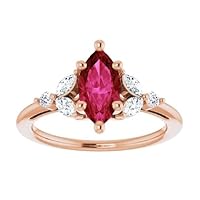 2 CT Trillium Marquise Ruby Ring 14k Rose Gold, Elvish Red Ruby Engagement Ring, Dainty Ruby Diamond Ring, July Birthstone Rings, 15 Anniversary