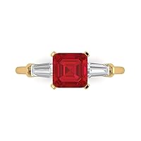 Asscher Cut Ruby Three Stone 925 Sterling Silver In 14K Yellow Gold Over Wedding Ring Set for Women