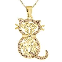 0.01 Ctw Round Cut Brown Diamond Cat Pendant Necklace 14K Yellow Gold Plated