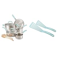 Rachael Ray Create Delicious Stainless Steel Cookware Set, 10-Piece Pots and Pans Set & Ray KitchenTools and Gadgets Nylon Cooking Utensils/Spatula/Fish Turners - 2 Piece, Light Blue