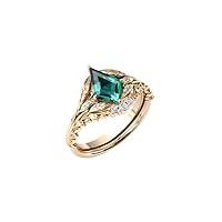 Kite Shaped 3 CT Emerald Wedding Ring Set Vintage Kite Shaped Emerald Leaf Engagement Ring Set For Women Art Deco Bridal Ring Set