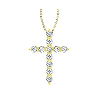 14k Yellow Gold timeless cross pendant beautifully set with 11 glistening round white diamonds, (1/2 ct t.w, H-I Color, I1 Clarity), hanging on a 18