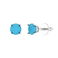 0.14cttw Round Cut Solitaire Genuine Simulated Blue Turquoise Unisex Pair of Designer Stud Earrings 14k White Gold Screw Back