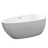 Freestanding Bathtub, Oval Shaped Resin Stone Freestanding Tubs, Solid Surface Matte White Soaking Tub with Overflow and Pop-up Drain