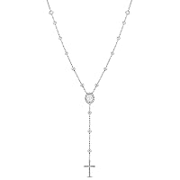 925 Sterling Silver Girl's Clear Cubic Zirconia Miraculous Virgin Medal Holy Communion Rosary - Beautiful Bezel Set Rosary Beaded Necklace for Young Teens - Brilliant Round CZ Holy Medallion Necklaces