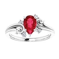 Vintage Floral Pear Ruby Engagement Ring 1 CT White Gold, Art Nouveau Tear Drop Red Ruby Ring, Filigree Pear Ruby Ring, Flower Pear Ruby Ring