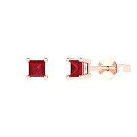 0.6ct Princess Cut Solitaire Genuine Simulated Red Ruby Pair of Stud Designer Earrings Solid 14k Pink Rose Gold Push Back