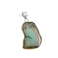 925 Sterling Silver Natural Green Agate Druzy Gemstone Simple Pendant Necklace Handmade Jewelry