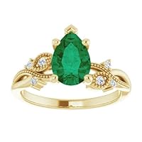 1 CT Twig Leafy Pear Shape Emerald Ring 10k Gold, Nature Inspired Wedding Ring Tear Drop Green Emerald Bridal Ring, Branch Emerald Engagement Ring, May Birthstone, Anniversary Ring