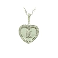 925 Sterling Silver Finish White Sapphire Micro Pave Initial K Heart Charm Pendant