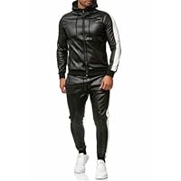 Men's Genuine Lamb Skin Leather Jogging Tracksuit Casual Running Jogging Athletic Outfits Suit Full Zip Sports Cuir