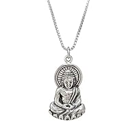 Detailed Sitting Young Buddha Necklace in Sterling Silver on 20