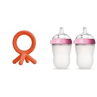 Comotomo Baby Bottle, Pink, 8 Ounce (4 Count), Comotomo Silicone Baby Teether, Orange