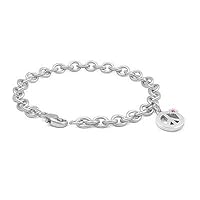 Girls Silver Pink Sapphire Flower Peace Sign Charm Bracelet (6 3/4 inches)