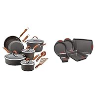 Rachael Ray Cookware Set, 12 Piece, Gray & Ray Nonstick Bakeware with Grips includes Nonstick Bread Pan, Baking Pan, Cake Pans and Cookie Sheet/Baking Sheet - 5 Piece, Gray with Red Grips
