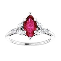 1 CT Trillium Marquise Ruby Ring 14k Gold, Elvish Red Ruby Engagement Rings, Dainty Ruby Diamond Ring, July Birthstone Rings, 15 Anniversary